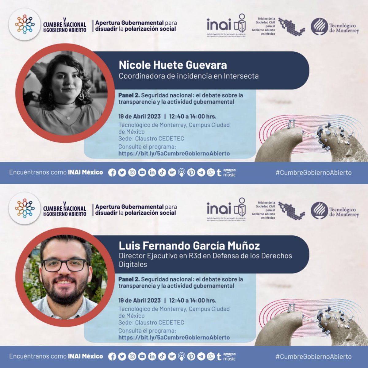 🧲En el panel 2⃣ de la V #CumbreGobiernoAbierto sobre: "Seguridad nacional: el debate sobre la transparencia y la actividad gubernamental", participarán: <a href="/FabianaEstradaT/">Fabiana Estrada Tena</a>, <a href="/AlmaLopezdelaT/">𝒜𝓁𝓂𝒶 𝐿ó𝓅𝑒𝓏 𝒹𝑒 𝓁𝒶 𝒯𝑜𝓇𝓇𝑒</a>, <a href="/f_javier_acuna/">Francisco J. Acuña</a>, <a href="/GLaveaga/">Gerardo Laveaga 🇺🇳</a>, <a href="/tumbolian/">Luis Fernando García</a>, <a href="/ruiz_mena/">Rafael Ruiz Mena</a> y <a href="/NicHuete/">Nic Huete</a>. 
¡Agenda la cita!
