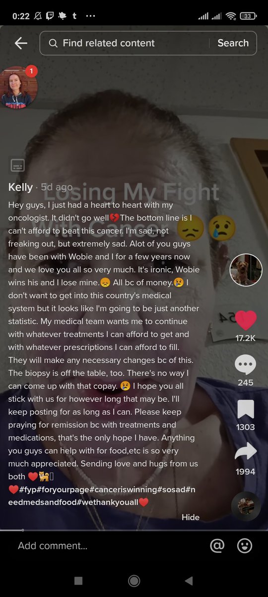 hiw0shi's tweet photo. Guys, pls read!! 

I saw her on tiktok and I couldn't sit still knowing that there might be a way for any of us to help. As a fellow cancer patient struggling with the financial worry of "am i going to afford my next meds?", this breaks my heart. Her tiktok is: kellyandwobie https://t.co/tBIyYhInpV