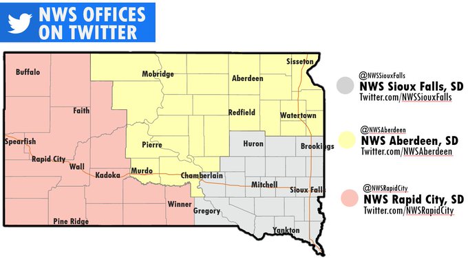 A map of south dakota showing offices that serve the state on Twitter. These include Sioux Falls, Aberdeen, and Rapid City.