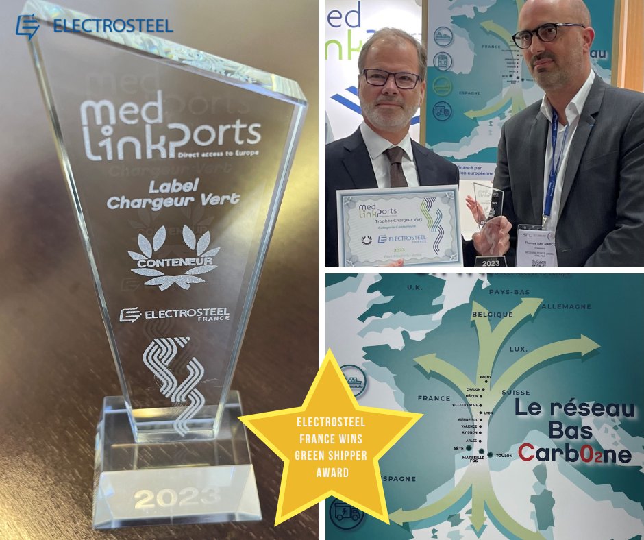 ElectrosteelG's tweet photo. #ElectrosteelCastingsLtd #France was honoured with the ‘Green Shipper’ award at the #SITL Trade Fair.
Our decarbonised logistics business model has already taken 6,000 trucks off the roads and saved 1,300 tonnes of CO2!
.
https://t.co/E9tVOTqQot
#25YearsofDIPipes https://t.co/XWDSWxTZkY