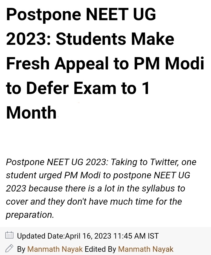 Finally, Our voice reached to Honourable Prime Minister 🙏

Wait for <a href="/dpradhanbjp/">Dharmendra Pradhan</a> to address this matter soon!

Let's hope for the best! 🤞 Be united guys

FOLLOW <a href="/postpone_neetug/">NEET 2026</a> FOR MORE UPDATES ⚠️
~ "Together we can" 🔥

#NEETUG2023 | #PostponeNEETUG | #NEET