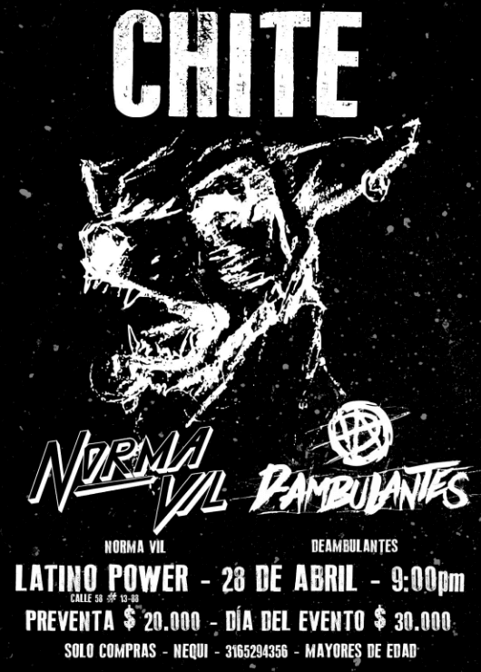 PlanesZBogota's tweet photo. #AGENDA | 
HOY 🔥 Gran noche de punk clásico con #CHITE  + #NormaVil y #Deambulantes en concierto 🎤 en @Latino_Power …   https://t.co/2P2L9jMwLt

#agendabogota #agendaenbogota #agenda https://t.co/4tXtOCtvpi