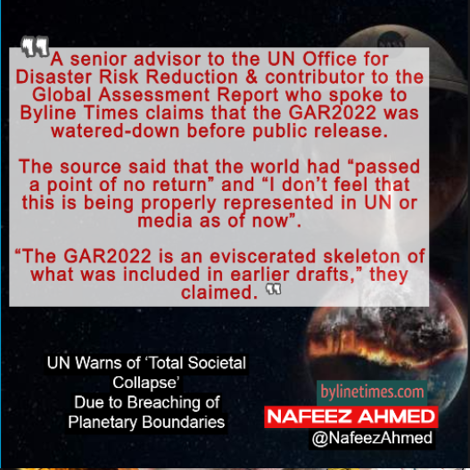 Reminder that a whistleblower from UN Office for Disaster Risk Reduction says the report on Societal Collapse 
*GAR2022 was 'watered-down' for the public and the world had 'passed a point of no return.' 
#ClimateEmergency 
Art->bylinetimes.com/2022/05/26/un-…