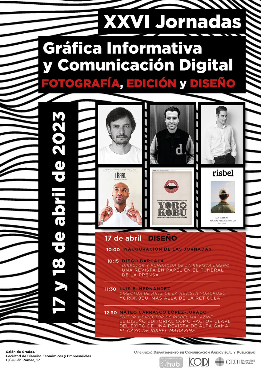 Mañana en #CEUFED23 <a href="/USPCEU/">Universidad CEU San Pablo</a> día dedicado al #Diseño de revistas #periodismo narrativo con <a href="/DiegoBarcalaP/">Diego Barcala</a> <a href="/revistalibero/">Revista Líbero</a>, Luis B. Hernández @luisbboy <a href="/YorokobuMag/">Yorokobu</a> y Mateo Carrasco <a href="/RisbelMag/">Rísbel Magazine</a>. Puedes seguirnos en streaming en youtube.com/live/-CZZK4etS… ¡Planazo!👇📢