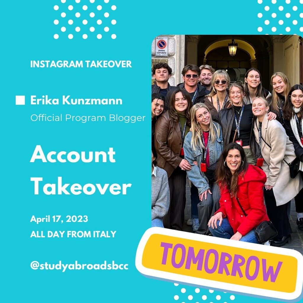 TOMORROW!⁠
Finally, program blogger Erika Kunzmann is taking us on her journey through Italy. Join us on Monday April 17th as Erika is taking over our Instagram from Italy!⁠
⁠
We can't wait.⁠
⁠
#sbcc #studyabroad #instatakeover #rome #italy #veni… instagr.am/p/CrGpGrostVj/