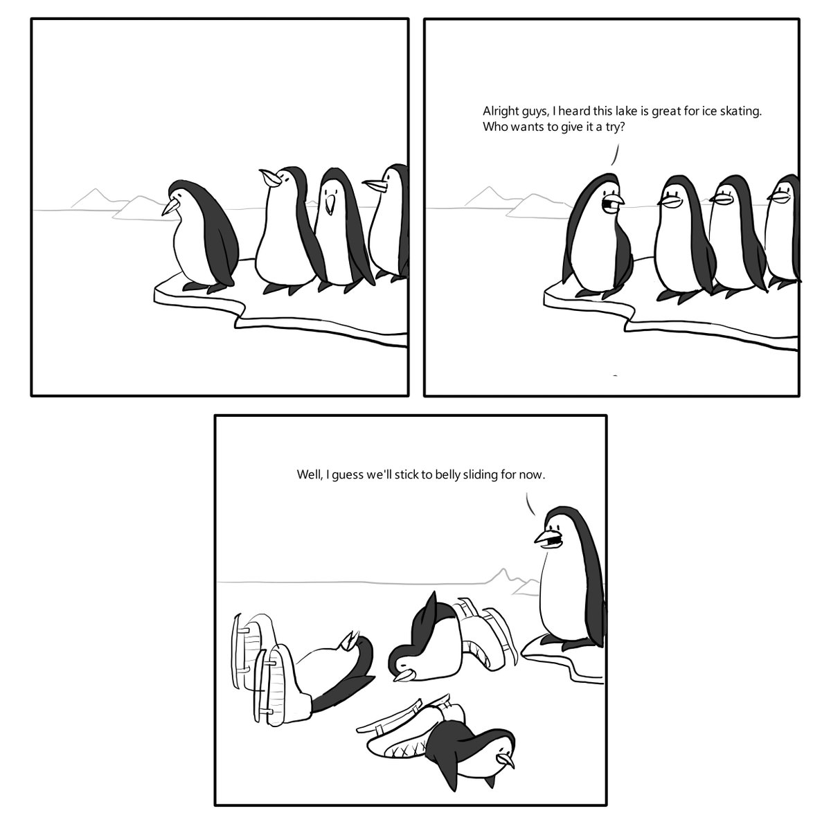 Another comic strip from AI's idea. Skating penguins 🐧🐧🐧

<a href="/_nightsweekends/">nights & weekends</a> <a href="/FarzaTV/">Farza 🇵🇰🇺🇸</a> <a href="/_buildspace/">buildspace</a> #ChatGPT #comics .