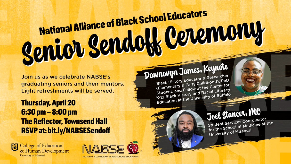 MizzouEdNABSE's tweet photo. Join NABSE this week as we honor our graduating seniors and recognize their mentors over their undergraduate careers. 

@queendomteachin will serve as the keynote speaker, offering advice to our graduates as they begin their respective careers. https://t.co/txcb25B2Vr