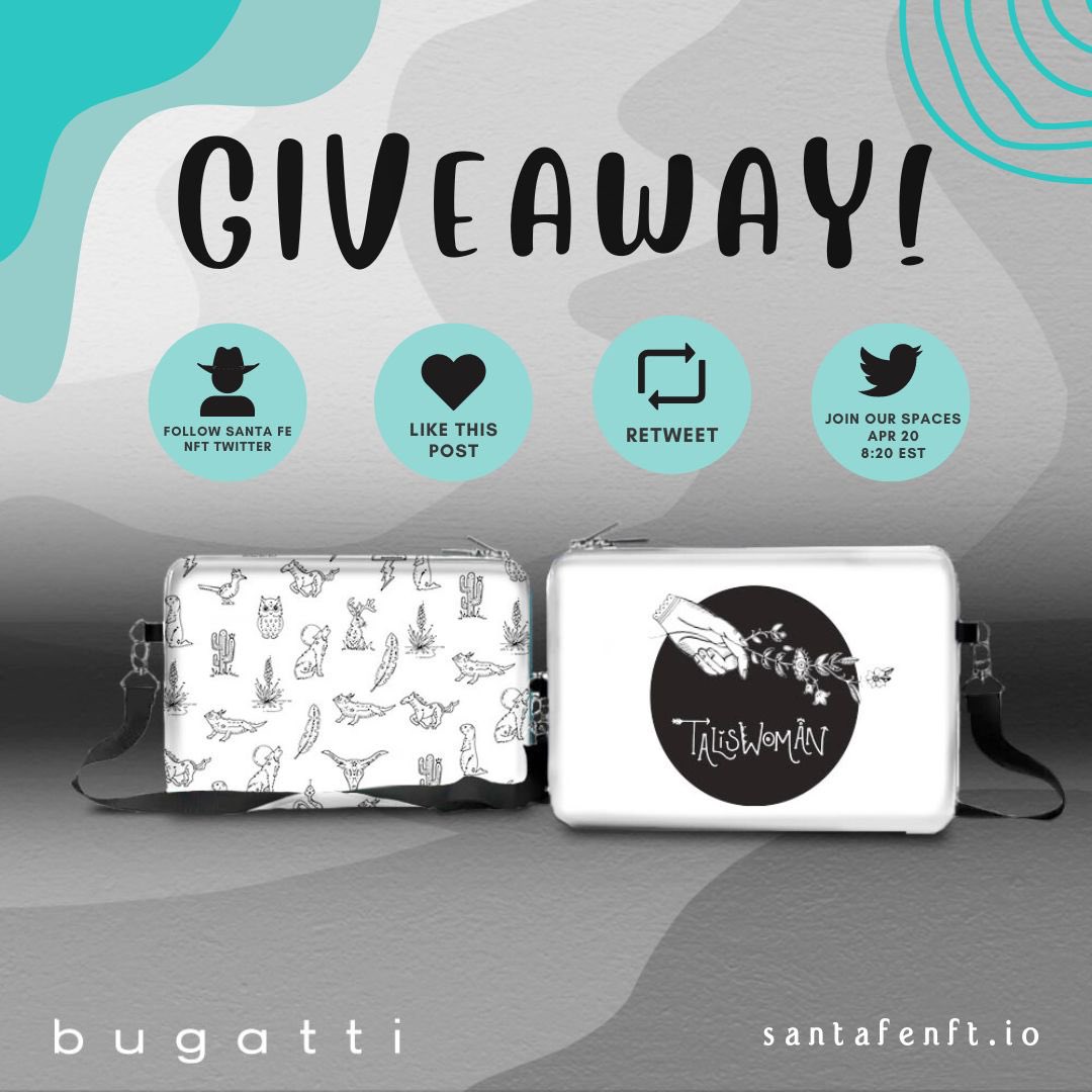 SantaFeNFT's tweet image. 🎁Win a custom Bugatti Group cross body: by @WhitneyCorum1 on it🎉

To enter giveaway⬇️

1) 👤 Follow Santa Fe on Twitter

2)💙 Like this post 

3)🔁 RT 

3)‼️Set a reminder &amp;amp; attend space Apr 20 8:20 EST 

Twitter Spaces ➡️ 

#Giveaway #GiveawayAlert #NFT