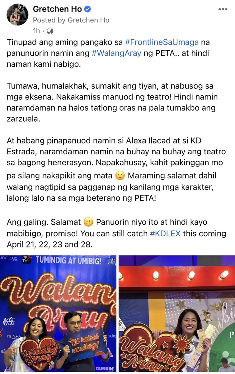 gretchenho's tweet image. Manuod na ng #WalangAray! Galing 👏🏻 Ang pagbabalik ng teatro 🙂 @petatheater @JesDLSantos #FrontlineSaUmaga