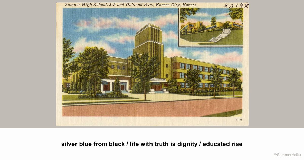 SummerHaiku's tweet photo. silver blue from black
life with truth is dignity
educated rise

#Spring2023 #Haiku #GreetingsFrom #Kansas #SumnerHighSchool https://t.co/8C14qApTSC
