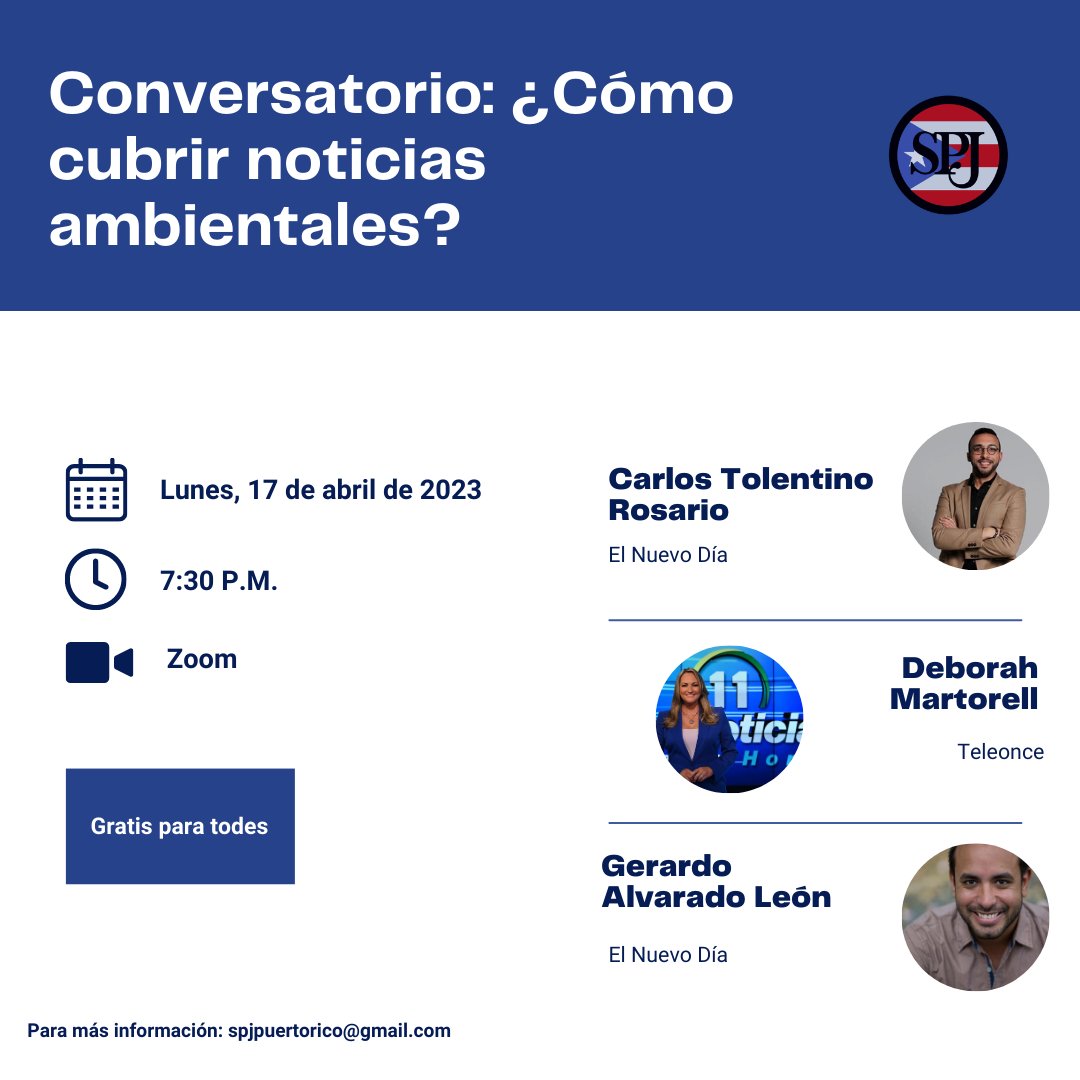 No se pierdan nuestro conversatorio mañana sobre el periodismo ambiental. Hablaremos sobre sus técnicas de trabajo, temas que se deben cubrir más en Puerto Rico, y consejos para aquellas personas que deseen dar el brinco o explorar este tema.

us05web.zoom.us/j/86091586929?…