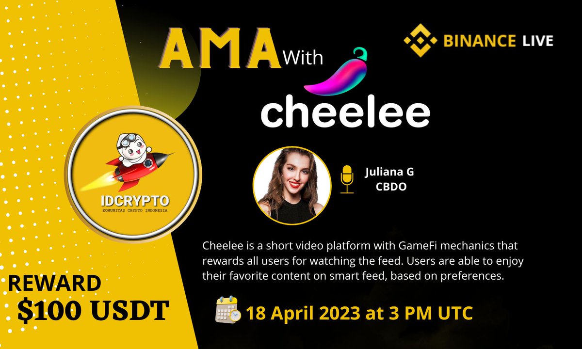 We are pleased to announce our Live AMA with with Cheelee on 18 April 2023 at 3 PM UTC

Venue:   binance.com/en/live/video?…
Reward: $100 USDT

Task
Follow <a href="/Cheelee_Tweet/">Cheelee</a> <a href="/idcryp_to/">IDCrypto</a>
Join t.me/CheeleeCommuni…
t.me/Cheelee_EN

Like Retweet &amp; Submit question👇