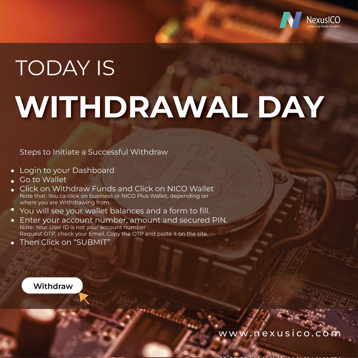 nexusico's tweet photo. Attention all crypto and NFT enthusiasts! 🔔 Get ready for yet another Withdrawal Day with NexusICO and gain immediate access to your funds!
Here’s your chance to convert your digital assets and collectibles into tangible rewards!

🌐 https://t.co/2qhEWvh68H
#nexusico #bitcoin https://t.co/p9OhtyNbRx