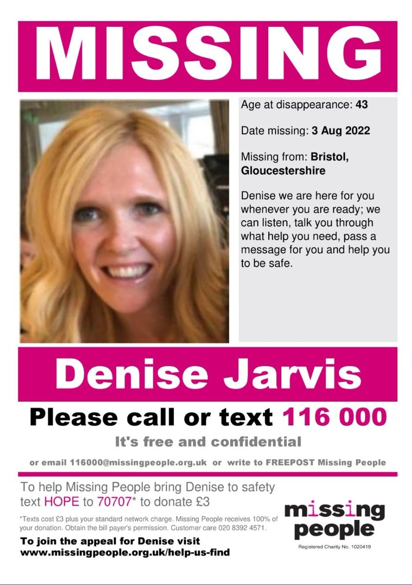 Not every missing person hits the headlines, or is a priority for the police. Denise went missing, close to where I live, back in August. Nobody just disappears, someone will know something about what has happened. Please share, especially if you live in or around Bristol 💛
