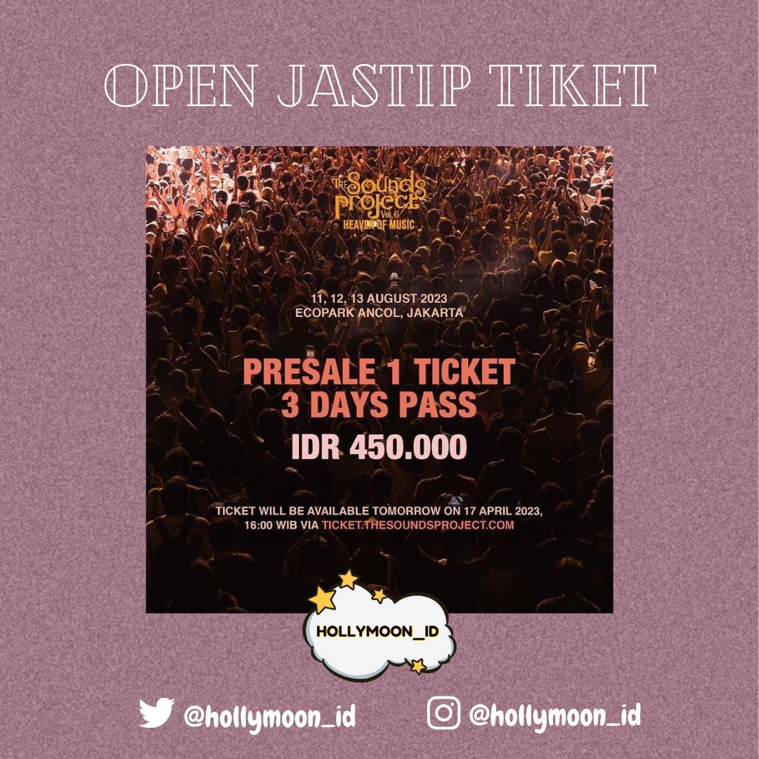 OPEN JASTIP TIKET :
THE SOUNDS PROJECT VOL.6
[PRESALE 1]

Fee : 50k/Tiket 

🌸 Tiket menggunakan data pribadi buyer
🌸 Tidak perlu DP
🌸 Tiket dibayarkan langsung oleh buyer ke official ticketing partner 
🌸 Trusted 1000%

#TSP6 
#HeavenOfMusic 
#TheSoundsProject