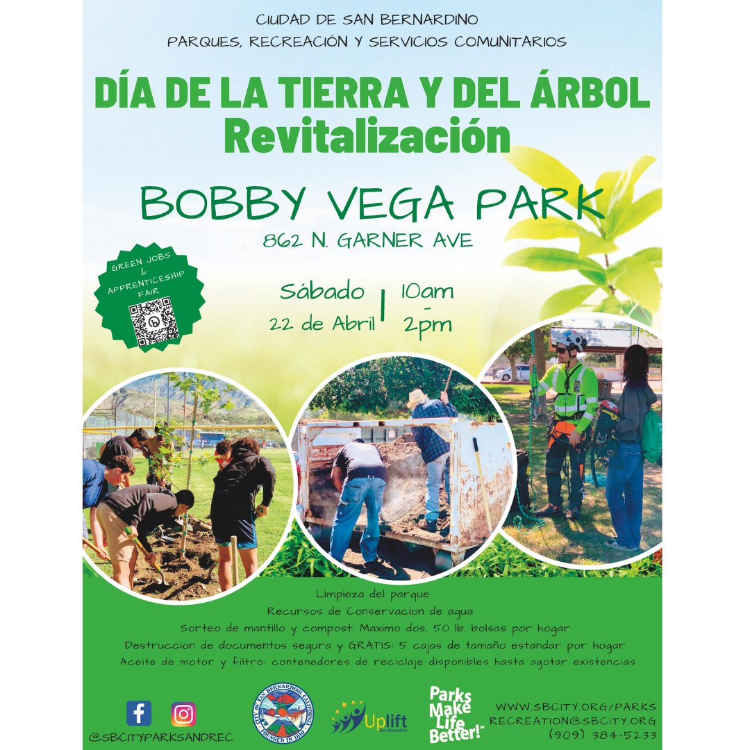 JOIN US for the Arbor/Earth Day Event! This is a fun event where you help your community clean up Bobby Vega Park, and learn about water conservation. For more info visit, sbcity.org/parks @sbcityparksandrec⁠

#Omnitrans #ArborDay #EarthDay #SanBernardino #InlandEmpire