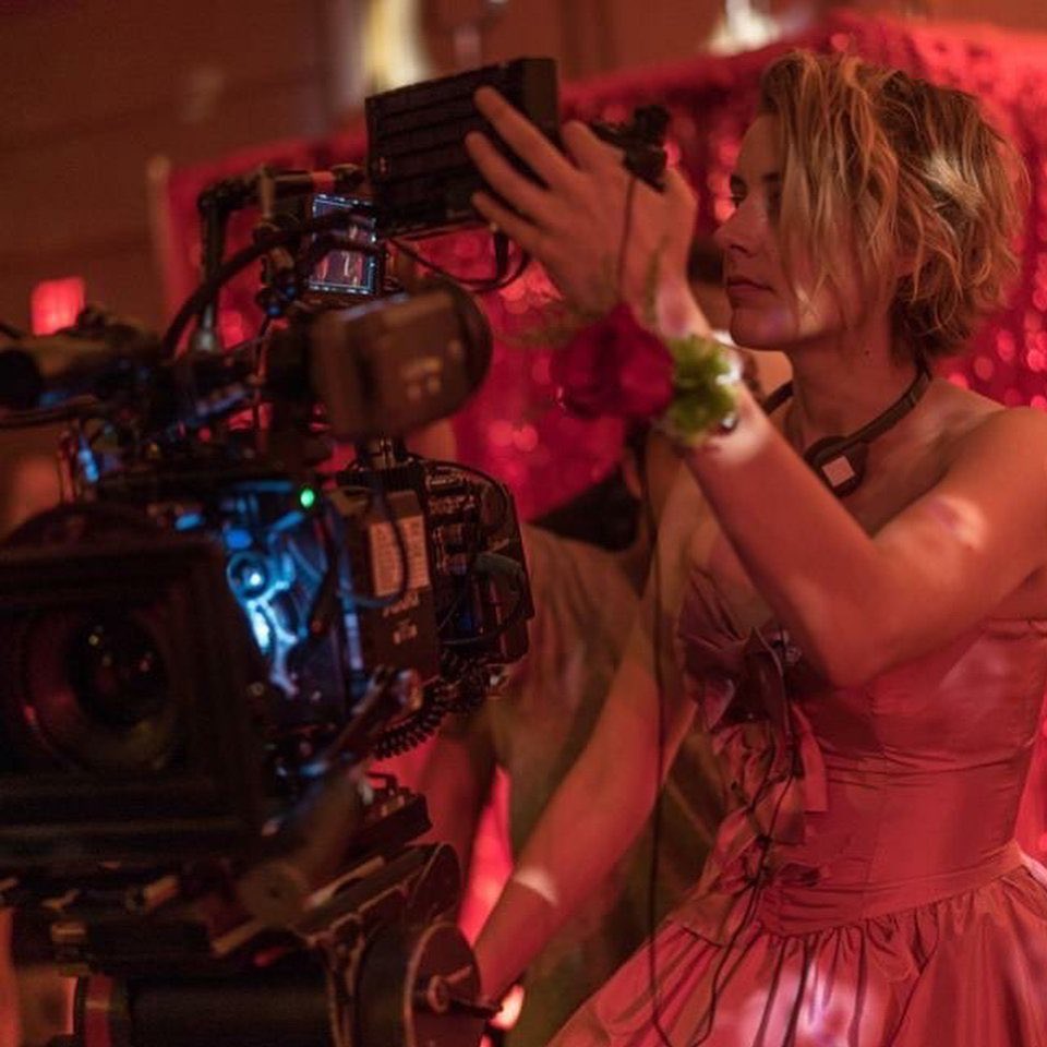 Greta Gerwig in a prom dress directing the Lady Bird prom scene