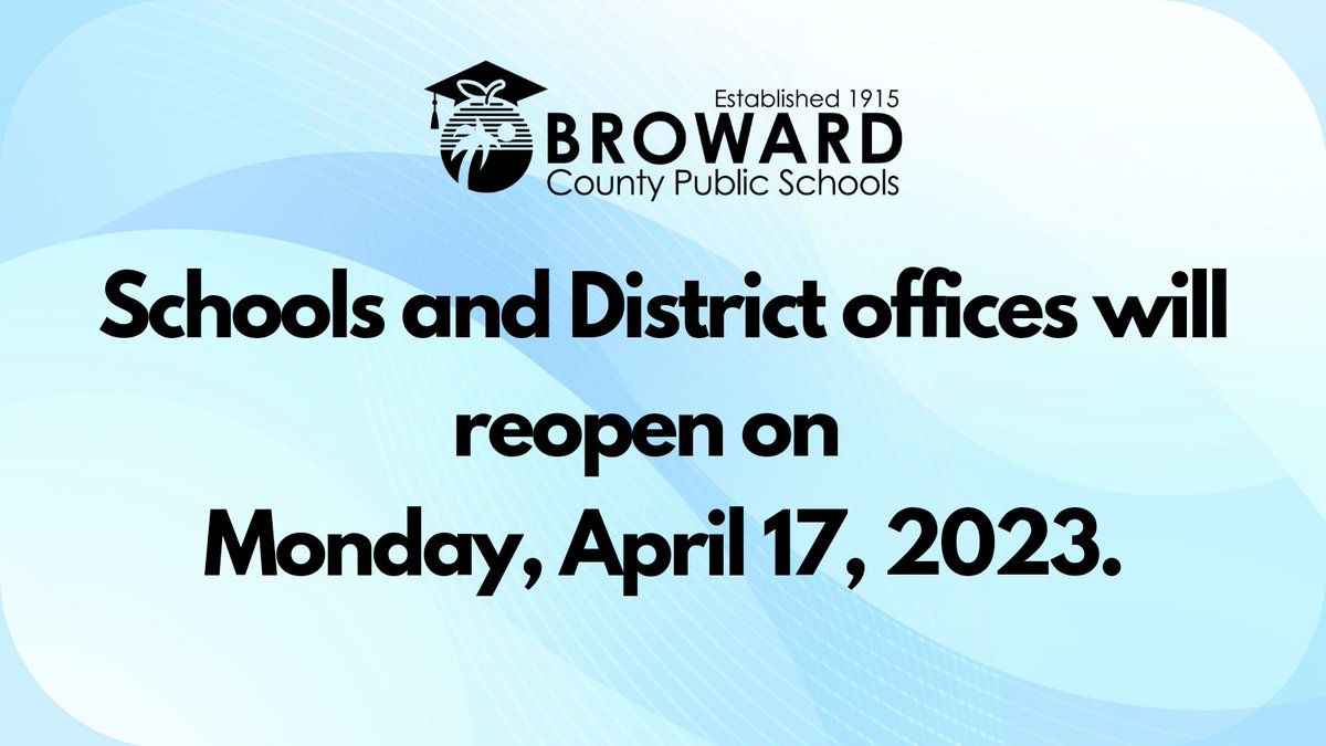 .@browardschools will resume normal operations on Monday, April 17, 2023. All school campuses and administrative offices will be open. Afterschool care, events and activities will also operate on a normal schedule.