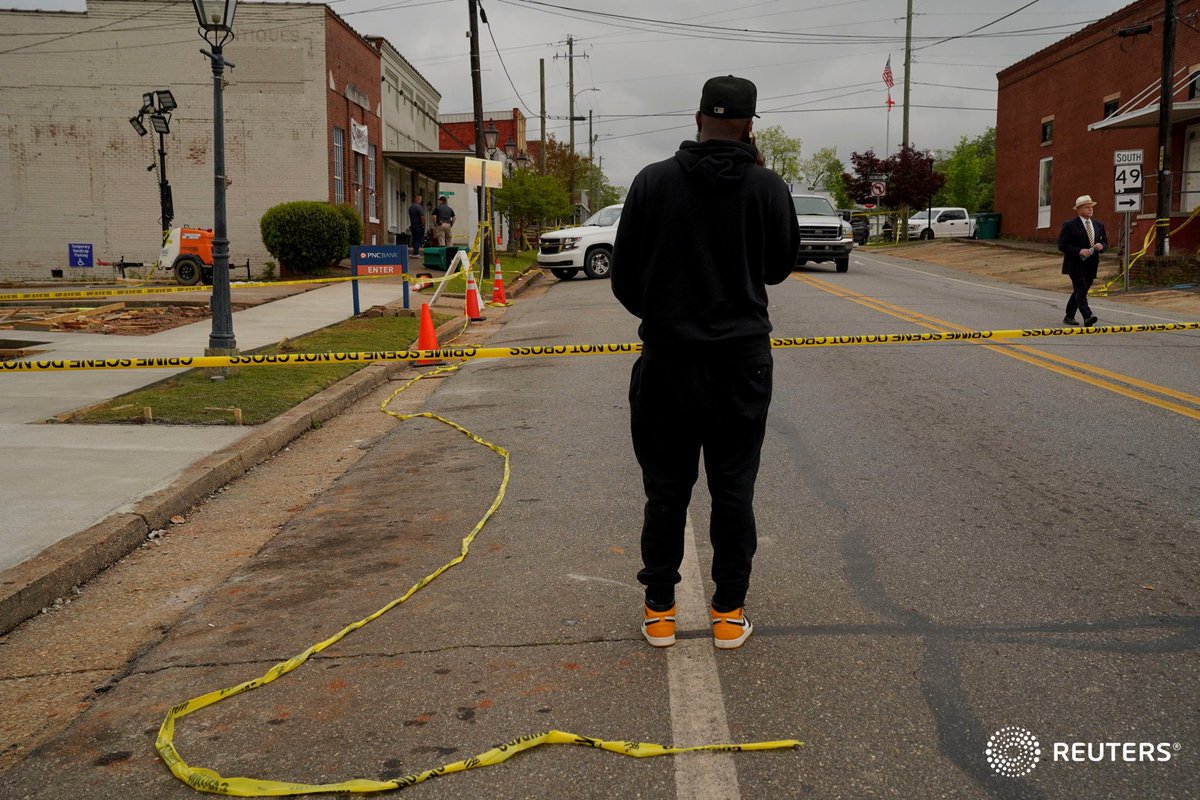corinne_perkins (@corinne_perkins) on Twitter photo A man speaks on the phone while standing at the edge of the crime scene a day after a shooting at a teenager's birthday party in a dance studio, in Dadeville, Alabama. Photo by <a href="/orr_photo/">Cheney Orr</a> A man speaks on the phone while standing at the edge of the crime scene a day after a shooting at a teenager's birthday party in a dance studio, in Dadeville, Alabama. Photo by <a href="/orr_photo/">Cheney Orr</a>