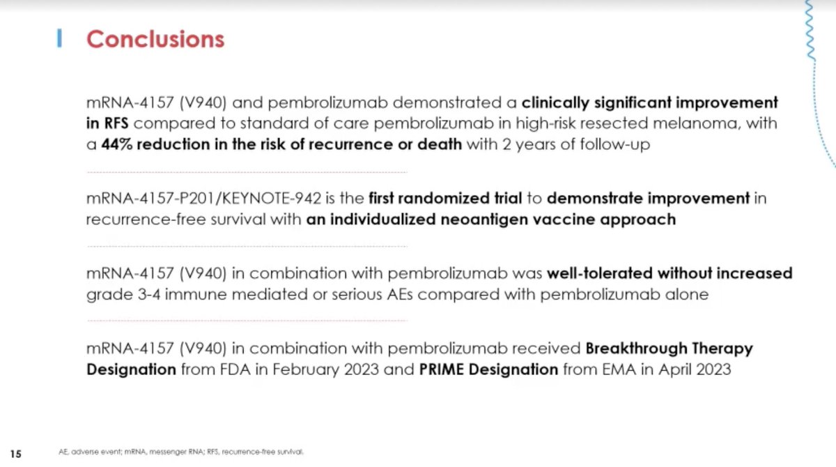bmassutis's tweet photo. Individualized neoantigen vaccine add to Pembro in adjuvant Melanoma setting increase significantly DFS at #AACR2023 @OncoAlert https://t.co/KJnUhDzVxa