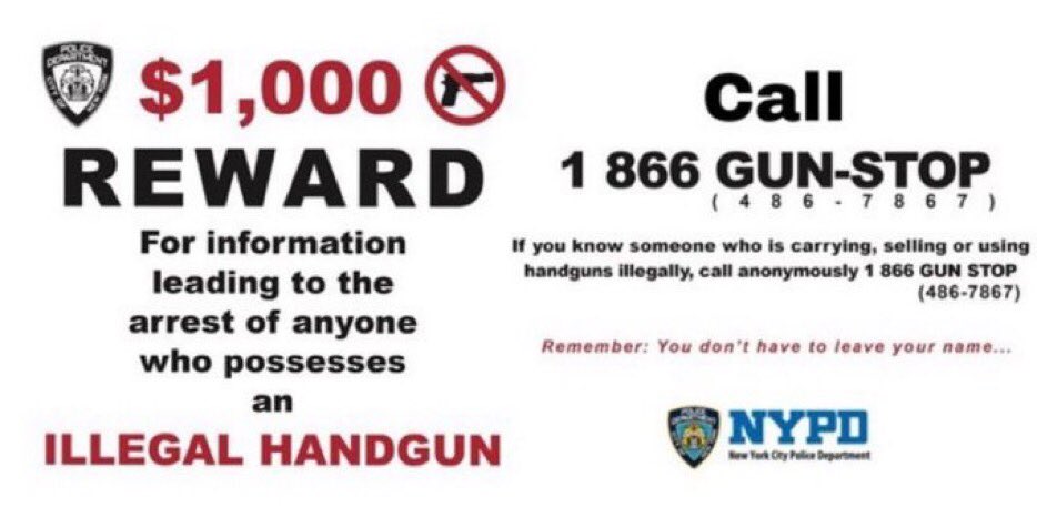 NYPD120Pct's tweet photo. 💰 💵 REWARD for info leading to the arrest of anyone who possesses an Illegal Handgun. You don’t have to leave your name. Call anonymously 1-866-486-7867 #GunStop https://t.co/g0f9qyAyc9