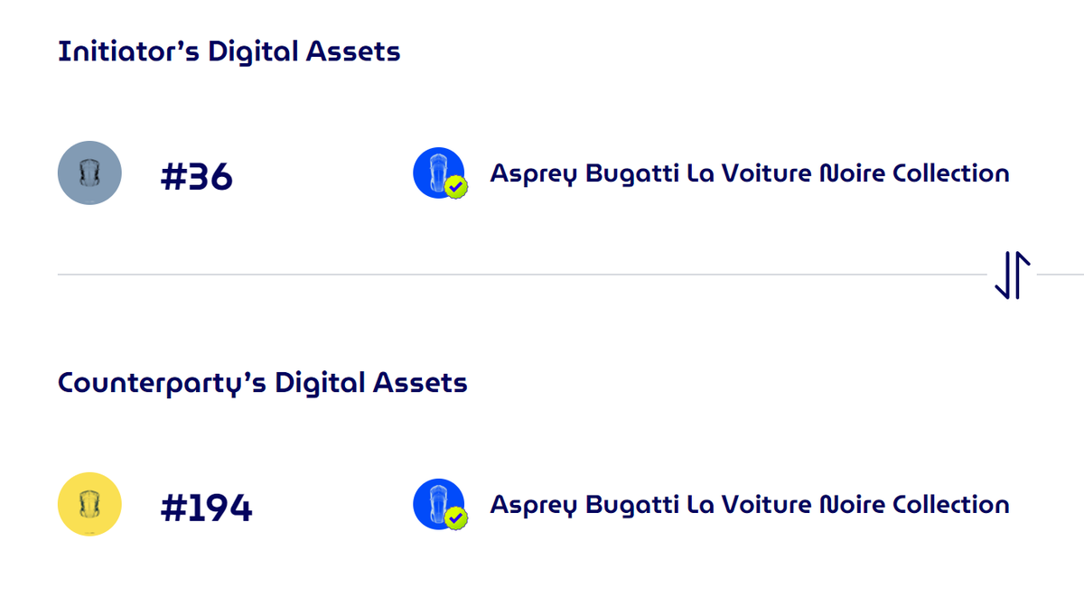 Trade secured between owners of this special phygital collection launched by luxury brands <a href="/AspreyStudio/">Asprey Studio</a> &amp; <a href="/Bugatti/">Bugatti</a>

1 Deep black #ASPREYBUGATTI  La Voiture Noire Collection 🔁 1 Racing green #ASPREYBUGATTI La Voiture Noire Collection

#NFT #BitcoinNFT #ABegg #NFTTrader