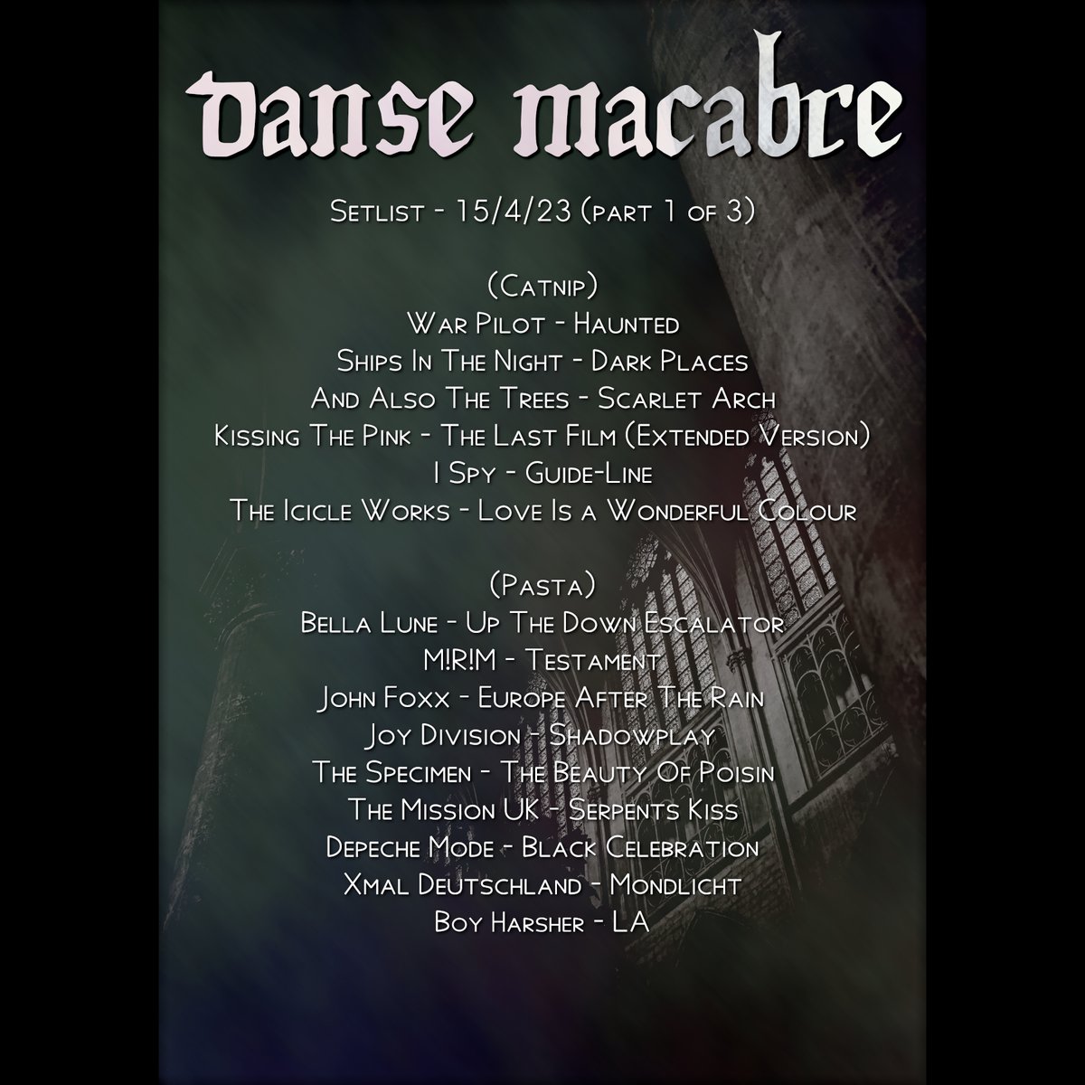 DanseMacabreUK's tweet photo. Thank you to everyone  who made it out last night! Full house as ever, and it was lovely to see  so many new faces. Next DM is on 17th June, with Catnip &amp; special  guest DJ Vilkas from Shadowplay Edinburgh!

Until then, here's what we played last night.
(R) denotes request. https://t.co/dhrLkQa72h