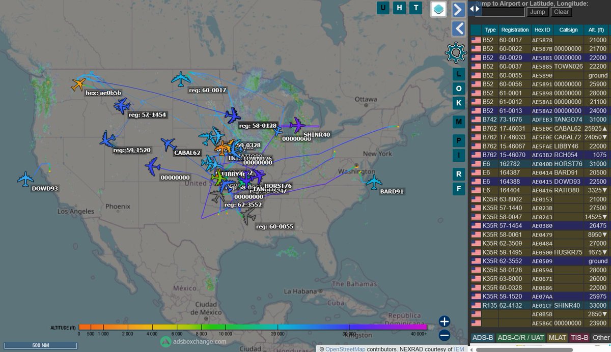vcdgf555's tweet photo. There is currently a rather large US Strategic Command exercise underway involving at least 10 B-52H, at least 16 tankers and an E-4B Nightwatch, all from USAF Global Strike Command. There are also four US Navy E-6B TACAMOs airborne, which I believe are related. https://t.co/0JLWCBgxYt