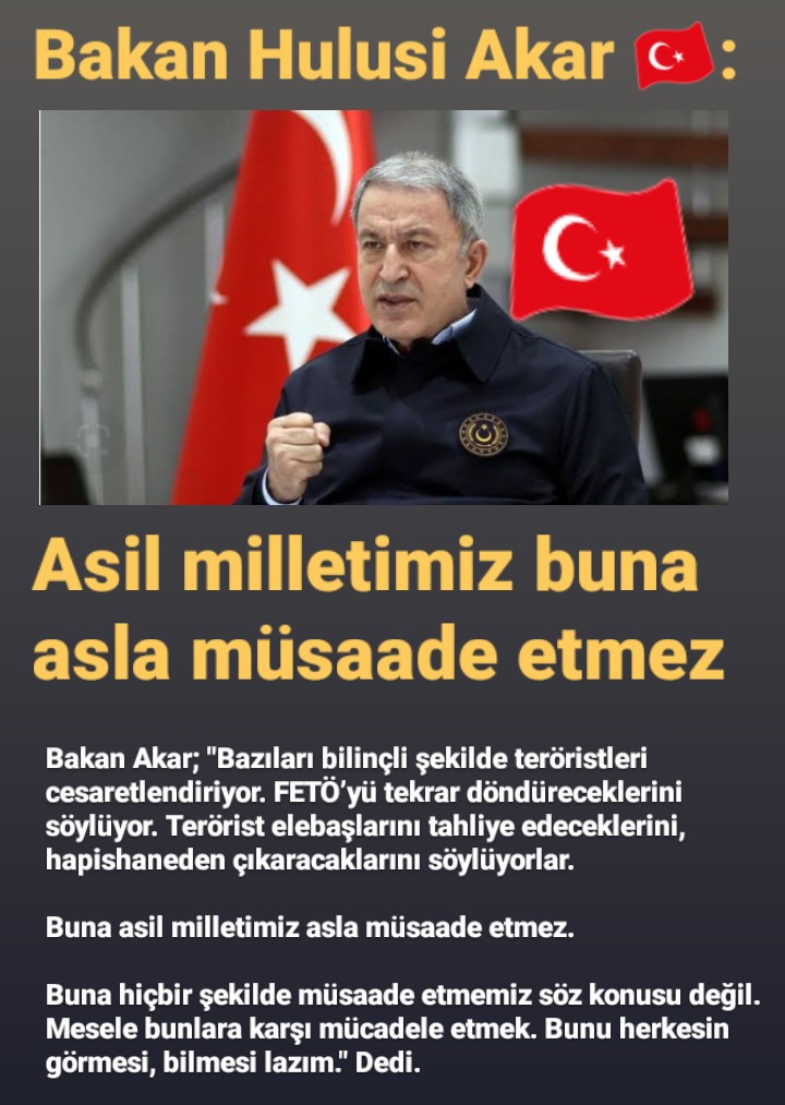 ELEBAŞI TERÖRİSTLERİ ÇIKARACAKLAR  MIŞ 

<a href="/tcsavunma/">T.C. Millî Savunma Bakanlığı</a> Bakanı Hulusi Akar; "Elebaşı teröristleri cezaevinden çıkaracaklar MIŞ..!

Buna asil milletimiz hiç bir şekilde asla müsaade etmez." Dedi. 
<a href="/meral_aksener/">Meral Akşener</a> <a href="/korayaydintr/">Koray Aydın</a> <a href="/kilicdarogluk/">Kemal Kılıçdaroğlu</a> <a href="/iyiparti/">İYİ Parti</a> <a href="/vekilince/">Muharrem İNCE</a> <a href="/Canan_Kaftanci/">Canan Kaftancıoğlu</a>