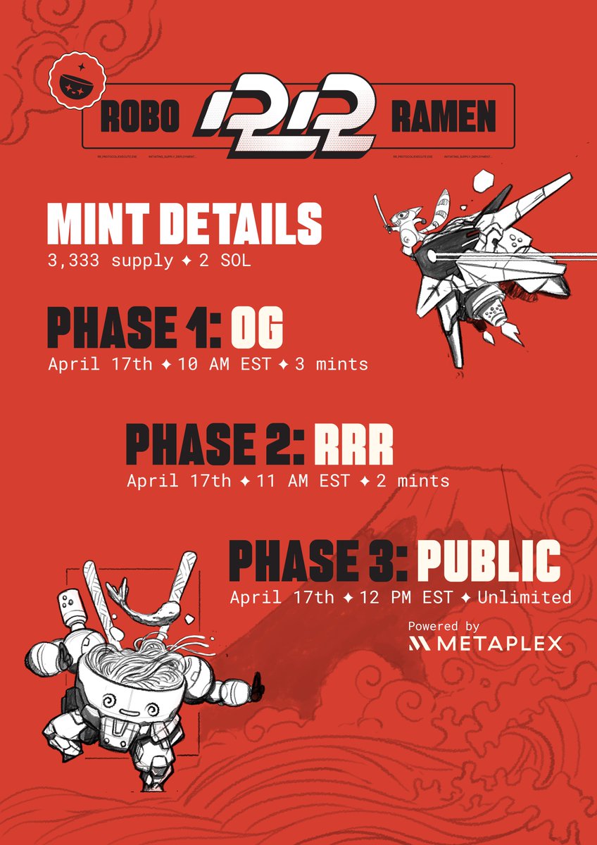 In just under 24 hours you'll be able to mint, reveal, and enter the world of Robo Ramen 🤖🍜

We can't wait to share our passion with the world and get this artwork out to our supporters!

Mint details ⬇️