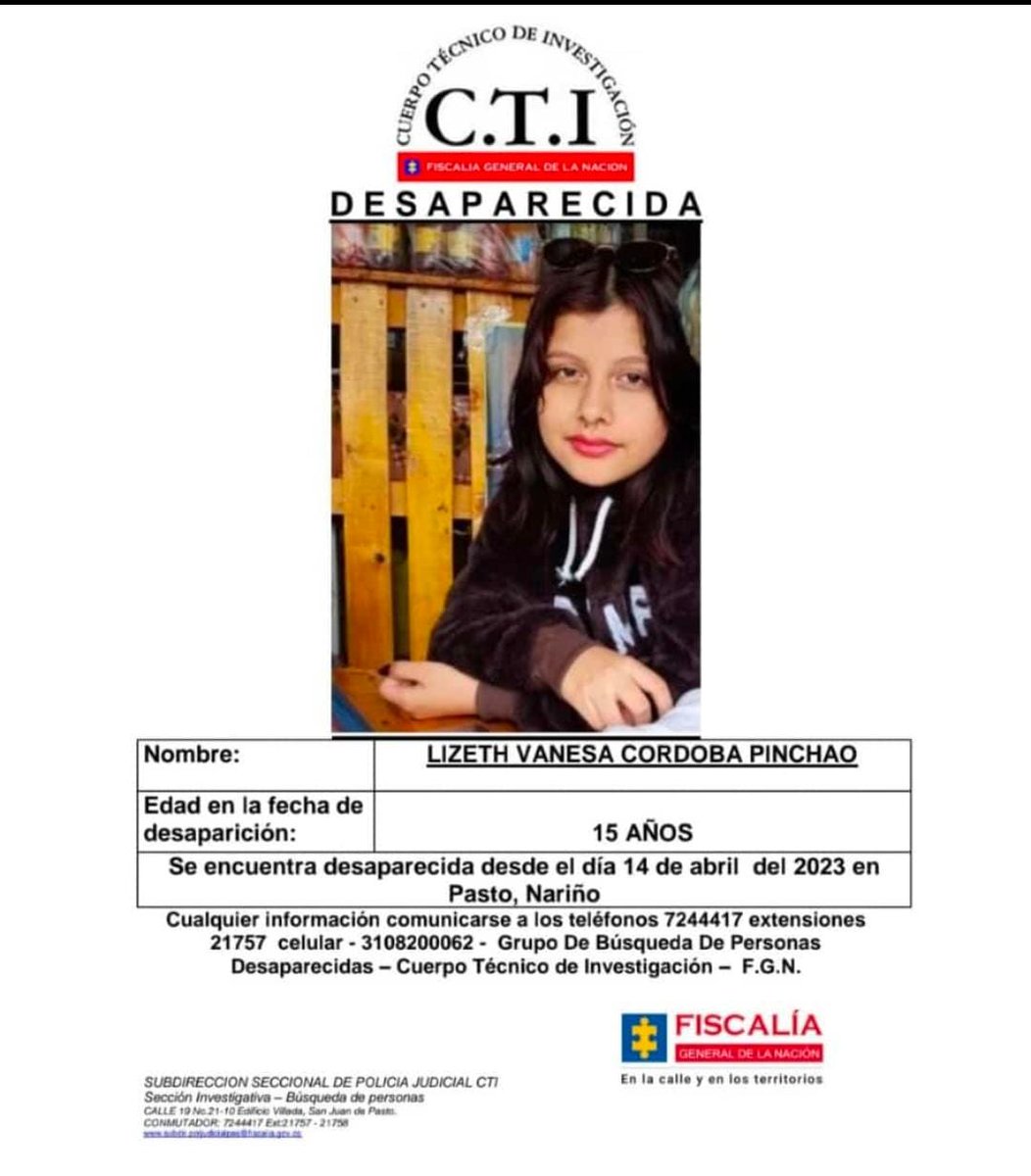 Ademanoso's tweet photo. #ServicioSocial #Desaparecida Lizhet Vanesa  Córdobade 15  años está desaparecido desde el pasado 14 de abril en Pasto.
Solicito amablemente ayudar a difundir!! Su familia la  espera https://t.co/6ZtocR0EEh