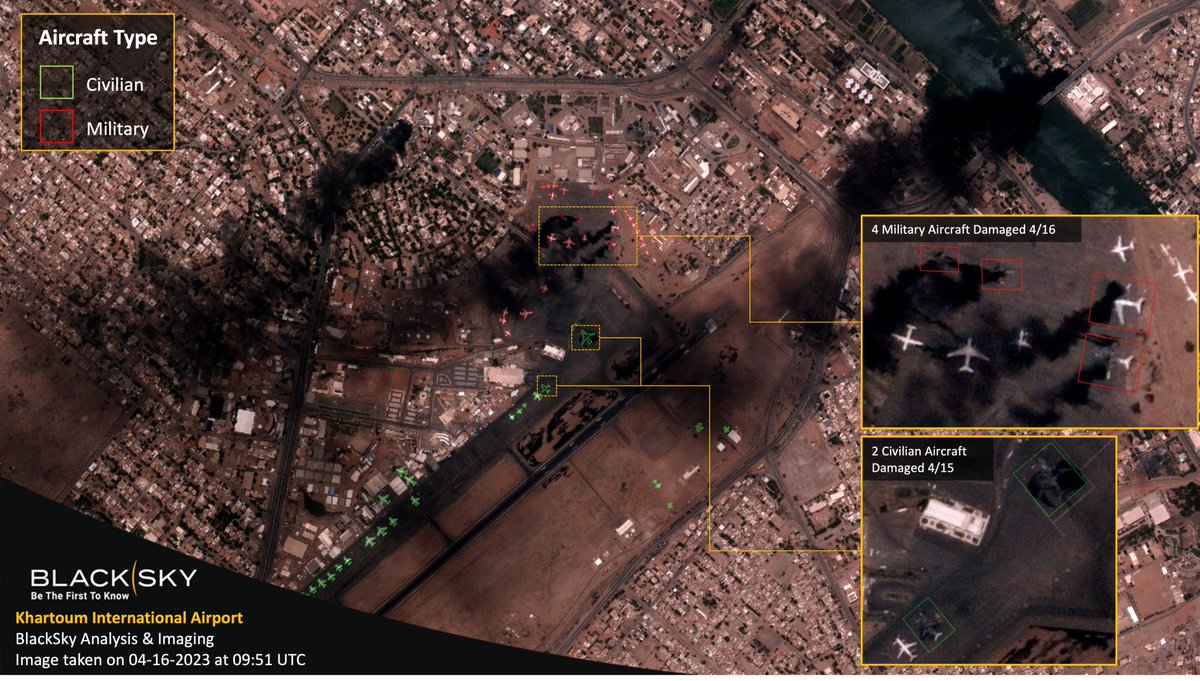 #BlackSky imagery from approximately 8 hours ago shows the damage to #Khartoum International Airport in #Sudan, due to conflict from the past couple of days. Analysis indicates damage to both military and civilian aircraft.
#OSINT