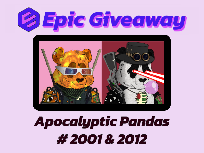 🐼NFT Giveaway🐼

Up for grabs are Apocalyptic Pandas #2001 &amp; 2012! One lucky person will win both.

To enter:

1⃣ Retweet this post
2⃣ Follow @EpicGalleryMTV &amp; <a href="/ApocPanda/">Apocalyptic Pandas</a> 

Winner will be drawn Apr 23. Good Luck!
#nft <a href="/MultiVAC_Global/">MultiVAC</a> #MultiVAC $mtv #giveaway 

Also be sure to