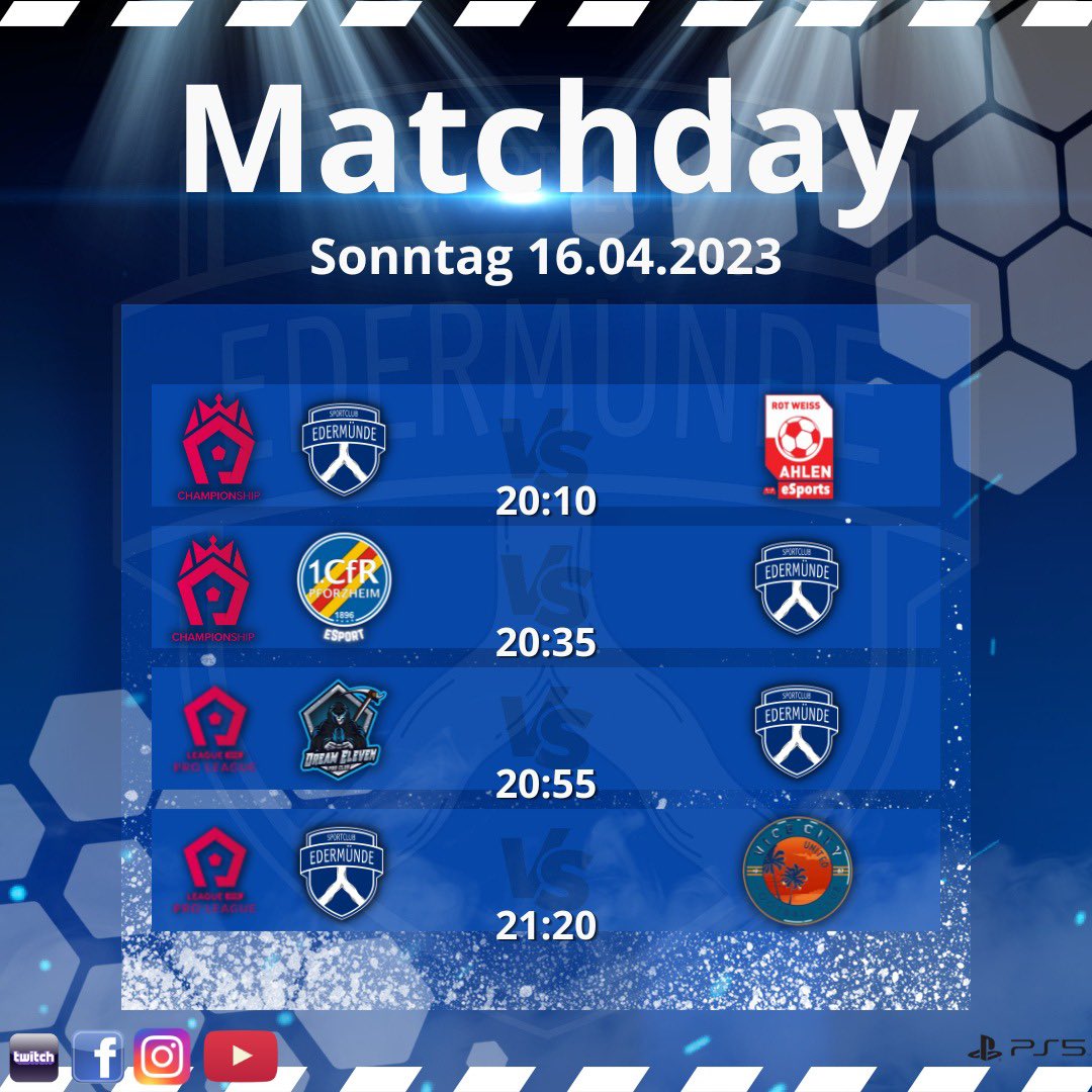 Pro League Championship One🥇
Spieltag 3.
🆚Rot Weiss Ahlen eSports
⏰20:10

Spieltag 4.
🆚1.CFR Pforzheim eSports
⏰20:35

Pro League One🥇
Spieltag 7.
🆚Dream Eleven
⏰20:55

Spieltag 8.
🆚Vice City Utd
⏰21:20
______________
Unsere Partner:
@octavia_ag_
@fzmedia