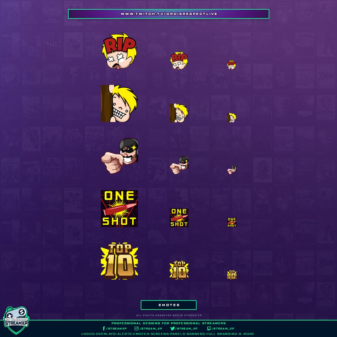 STREAM_XP's tweet photo. Hey, hey, hey! Hold up, did you forget that we made some EPIC emotes for @DrDisrespect?! And not only that, we've also worked with him on some other awesome stuff for his events too!  #DrDisrespect #TwitchDesign #GamingCommunity https://t.co/U02RUHd4wJ
