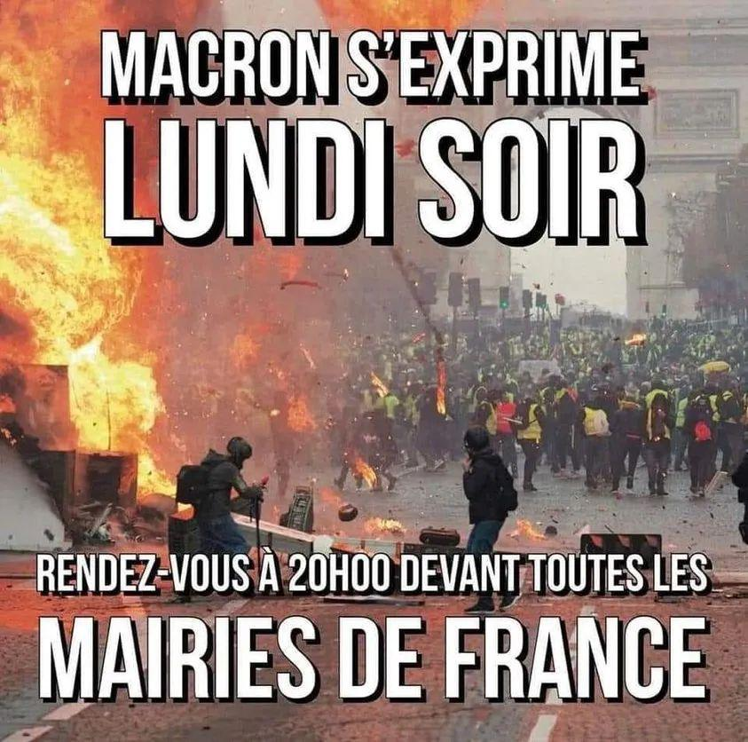 AlertesInfos's tweet photo. 🚨🇫🇷FLASH - Des appels à se rendre dans toutes les mairies de France pour faire des concerts de casseroles, lundi à 20h, lors de l'allocution d'Emmanuel #Macron, émergent. (📸@AnonymeCitoyen) https://t.co/pPWRLMXQqm