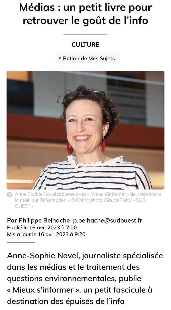 Merci <a href="/sudouest/">Sud Ouest</a> pour ce bel article sur Mieux s’informer, mon petit guide pour y voir clair dans le chaos de l’info paru chez <a href="/ActesSud/">Actes Sud</a> 🤗