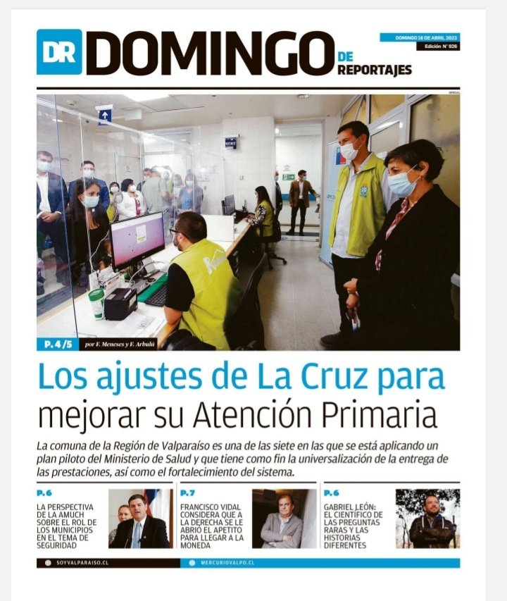 Muni_LaCruz's tweet photo. 🚑Hoy somos portada del cuerpo de reportajes del diario @mercuriovalpo con la responsabilidad histórica de ser una de las siete comunas pioneras en 🇨🇱  para implementar la Atención Primaria de Salud Universal, en un trabajo conjunto con @ministeriosalud y el @SSVinaQuillota 🩺🏥 https://t.co/xz0GImAfAy
