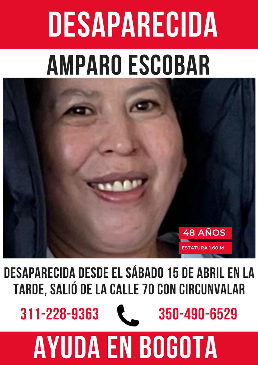 juanbaenam's tweet photo. Ayúdenos a encontrarla. Desapareció en #Bogotá cualquier información a los teléfonos de la imágen.

#PoliciaNacional #Desaparecidos #Desaparecida https://t.co/MhYPYglWXE