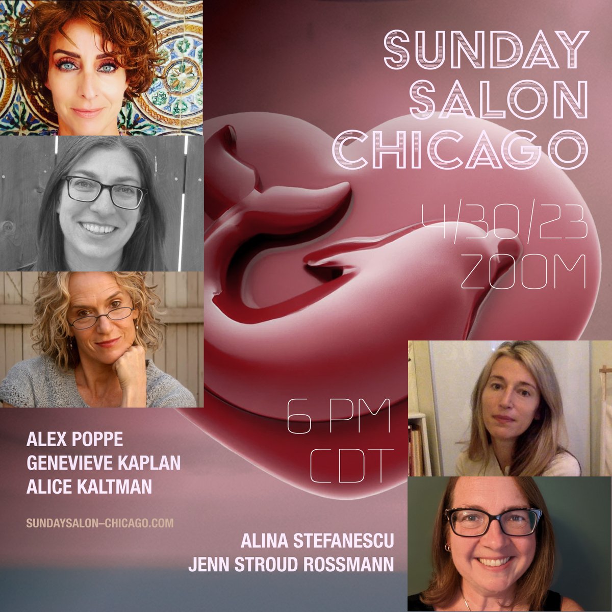 Our eBlast is out! sundaysalon-chicago.com happens on 4/30 via ZOOM w/ Alina Stefanescu <a href="/aliner/">Alina Stefanescu</a>, Alice Kaltman @AliceKaltman, Genevieve Kaplan <a href="/GenevieveKaplan/">genevieve kaplan</a>, Alex Poppe <a href="/sapoppe/">Alex Poppe</a>, &amp; Jenn Stroud Rossmann @jenn_rossmann. Register: tinyurl.com/jnnsc2nx - mailchi.mp/a8e53756b9a9/8…