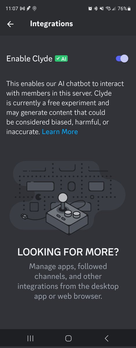 KenVelazco's tweet photo. @discord 
Hello again. 
I have Clyde enabled. But he doesn't function in my server. 
I was given the Clyde testing prompt and clicked yes, navigated to the toggle toake sure it was on, and then tried to use the AI in the chat. 

No such luck. 
The Clyde role doesn't even show. https://t.co/xEkt4WyMDh