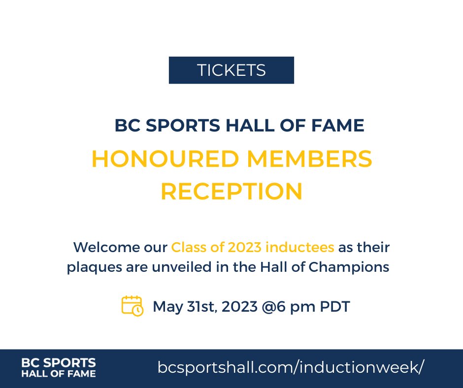 Join us on May 31st at 6pm PDT as we welcome our #Classof2023 into the Hall of Champions and BC Sports Hall of Fame! Celebrate with us by getting your ticket here: bcsportshall.com/inductionweek/