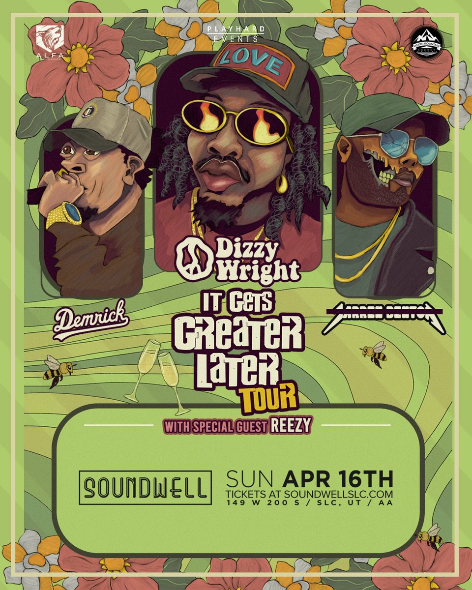 SoundwellSLC's tweet image. Sunday heater🔥TONIGHT! @DizzyWright x @JarrenBenton are in the building w/ @IamDEMRICK &amp;amp; Special Guest: Reezy! 

DOORS @ 7PM.

🎙️Come thru &amp;amp; kick it with the crew! ALL AGES SHOW.

Tickets @ SoundwellSLC.com &amp;amp; at the door🎟️ 

#DizzyWright #JarrenBenton #SoundwellSLC