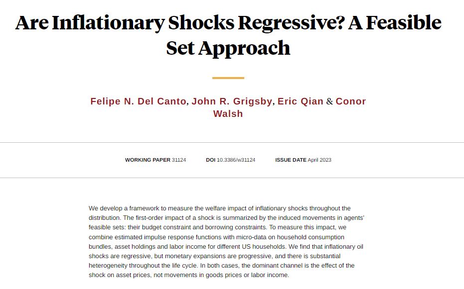 nberpubs's tweet photo. Study of the welfare impact of inflationary shocks throughout the distribution finds that inflationary oil shocks are regressive but monetary expansions are progressive, from @pipeton8 @JohnRGrigsby Eric Qian, and Conor Walsh https://t.co/L52LMXZDWy https://t.co/CDk4y4FLQX