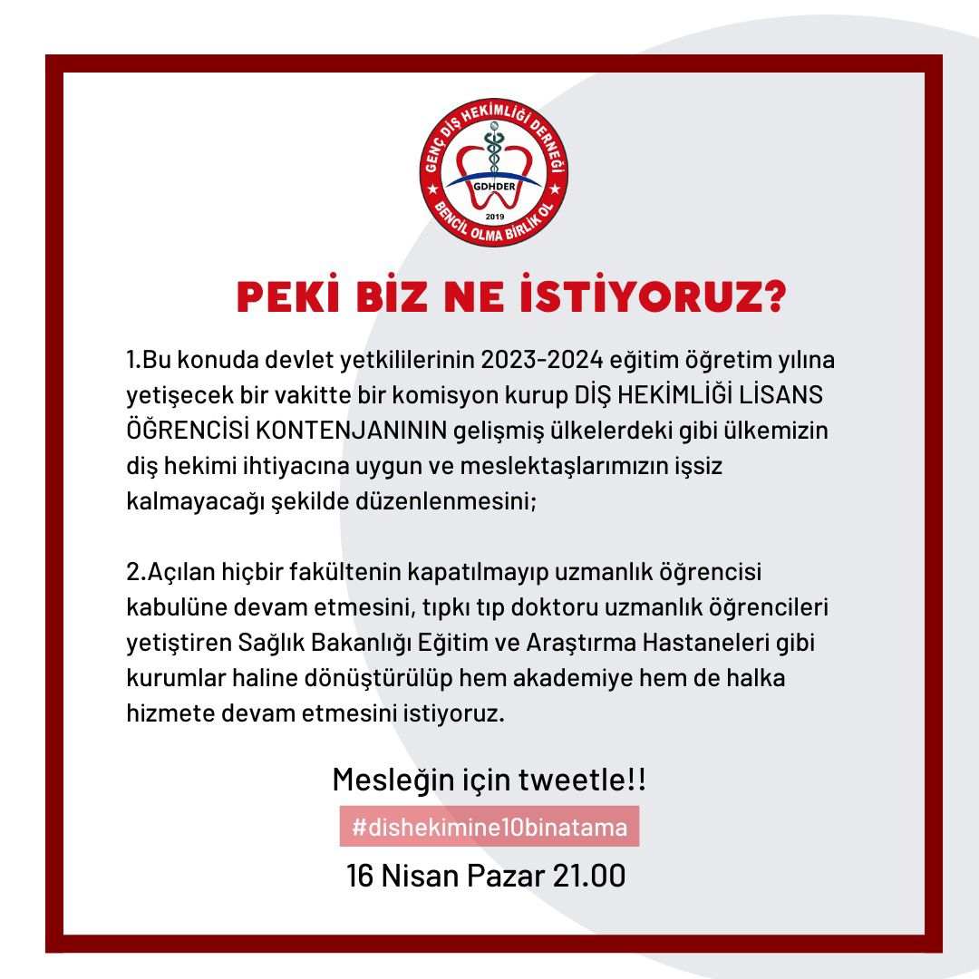 berffffk's tweet photo. Diş Hekimliği Lisans öğrencisi kontenjanının gelişmiş ülkelerdeki gibi ülkemizin diş hekimi ihtiyacına uygun ve meslektaşlarımızın işsiz kalmayacağı şekilde düzenlenmesini istiyoruz.
#dishekimine10binatama
#dishekimligibitmesin
@saglikbakanligi @drfahrettinkoca https://t.co/wdXHQLT5BB