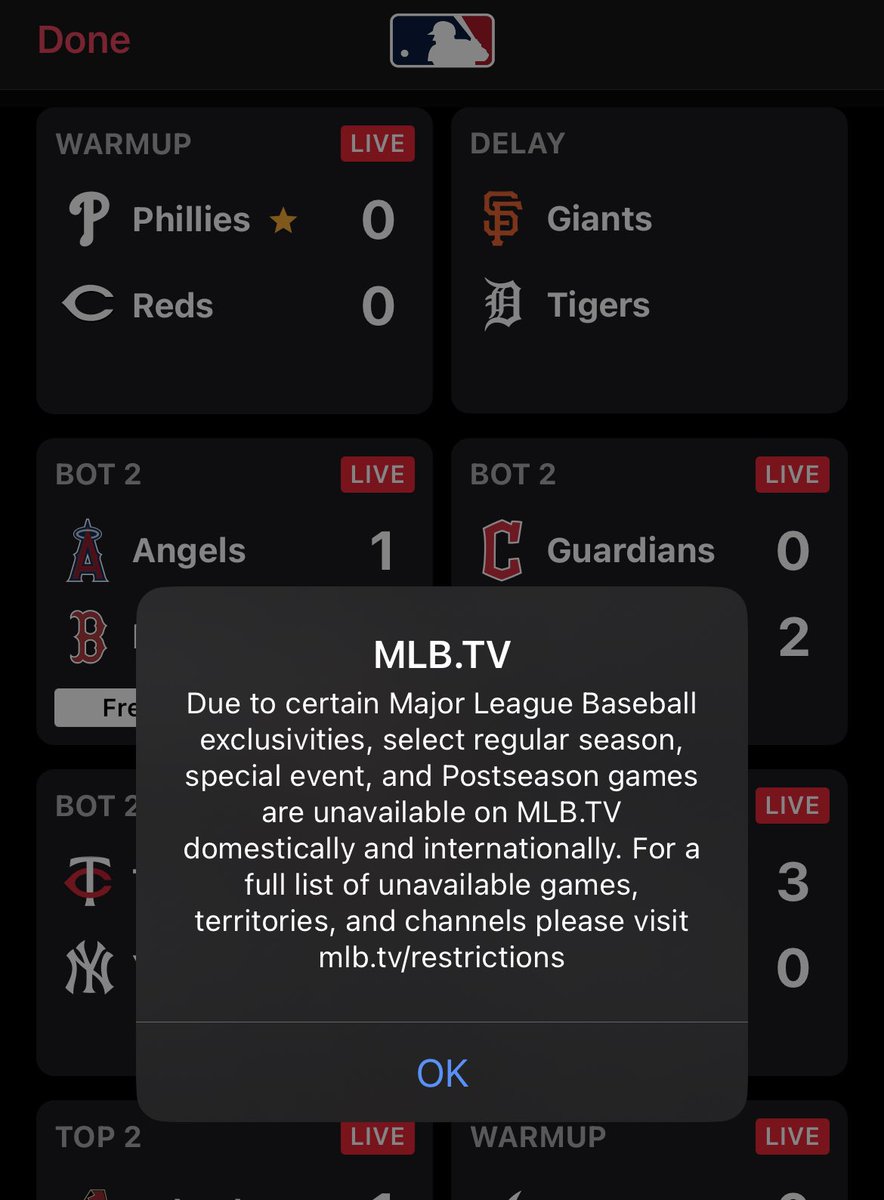 Hey <a href="/MLB/">MLB</a> I thought we were going to fix this? I pay for <a href="/MLBTV/">MLB.TV</a> as a <a href="/Phillies/">Philadelphia Phillies</a> fan living in TN. I get blacked out for Cincinnati and Braves games and I live in neither state. Please help those of us just trying to watch our team and support baseball.