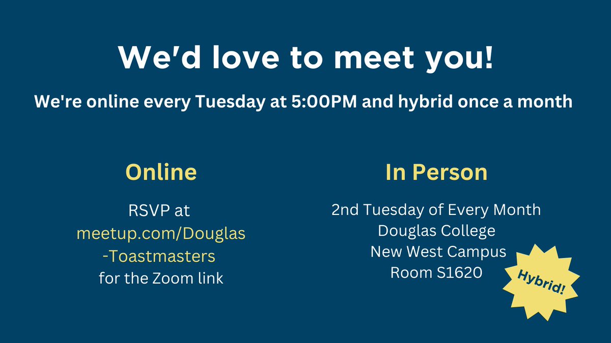 DouglasToasters's tweet image. We love hosting guests at our meetings! Join us online weekly or in person monthly: meetup.com/Douglas-Toastm…
#DouglasToastmasters #ToastmastersInternational #NewWestminster #publicspeaking #leadershipdevelopment