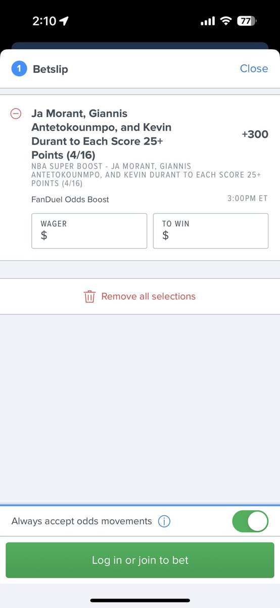 ThePromoguy123's tweet image. Must bet oddsboost on Fanduel: 

Ja Morant, Giannis, and Kevin Durant each to score 25+ points boosted to +300. 

The 0 vig line is ~+240 (loses 70.5% of the time) giving this a ~+17.65% EV! 

Bet it now!