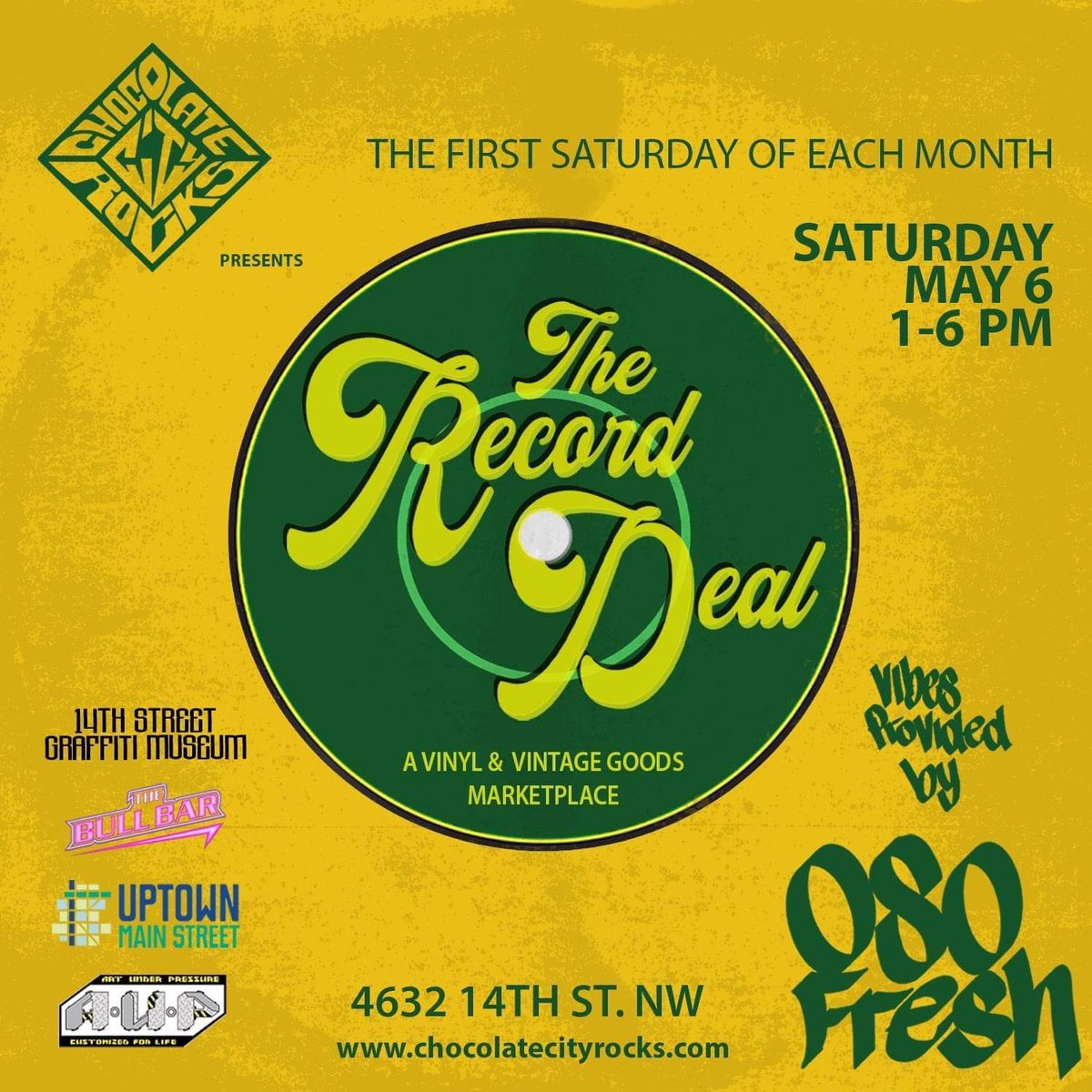 Chocolate City Rocks presents: The Record Deal! (A Vintage Vinyl LP Fair)

Sat May 6, 2023, 1p - 6pm

14th Street Graffiti Museum W/ <a href="/RockCreekLee/">Cory L. Stowers</a> (A.U.P)
<a href="/DJ_Oso_Fresh/">DJ Oso Fresh (Bobby Alirezai)</a> all wax set 1p-3p

Info/RSVP: TheRecordDealMay2023.eventbrite.com
#chocolatecityrocks