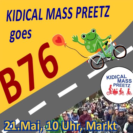 Wer radelt mit uns über die B76? 👉Am 21.Mai um 10 Uhr rollt der Fahrrad-Korso „Kidical Mass“ vom Marktplatz in #Preetz zur B76 - für eine Fahrrad-Nordtangente als Querverbindung im Preetzer Norden 👉Kidical-Mass-Preetz.de #KidicalMass #kinderaufsrad #mehrplatzfürsrad